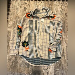 Free People Plaid Button Down with Floral Embroidery